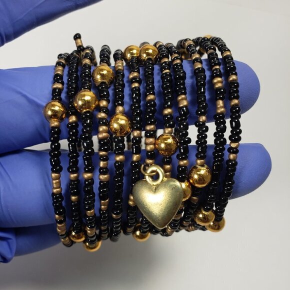Black & Gold Beaded Wrap Bracelet – Multi-Strand with Gold Heart Charm, Jewelry - Picture 8 of 11